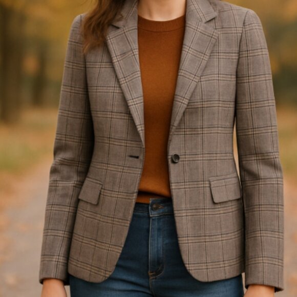 Banana Republic Blazer Lightweight Wool Flannel Glen Plaid Women's Size 10 Gray - Picture 1 of 10